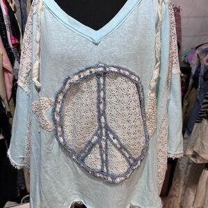 POL Light Blue Lace Peace Sign Tunic